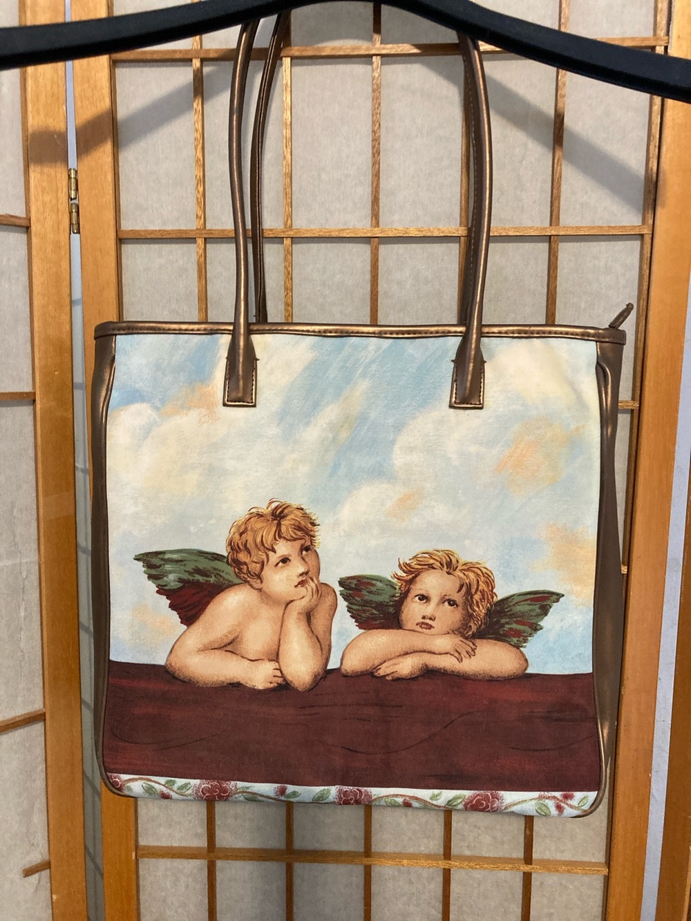 Cherub Print Tote Bag in Sky Blue and Brown